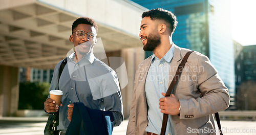 Image of Smile, talking and walking with business men in the city on their morning commute into work together. Collaboration, planning and ideas with employee partners chatting outdoor in an urban town