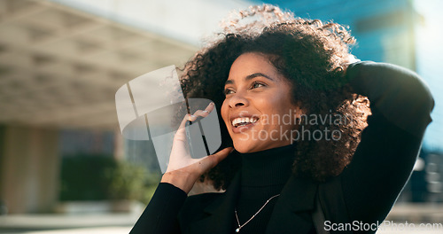 Image of Outdoor, phone call and woman with a smile, speaking and connection with communication, afro or happiness. Person in a city, mobile user or girl with smartphone, network or contact with conversation