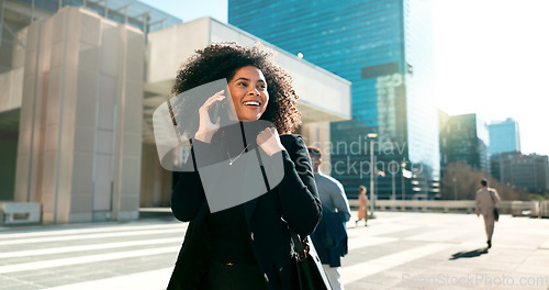 Image of Walking, city or happy businesswoman on a phone call talking, networking or speaking in travel. Mobile communication, chat or biracial female entrepreneur in conversation, discussion or negotiation