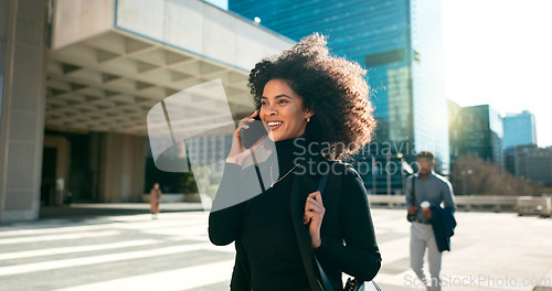 Image of Walking, smile or businesswoman in city on a phone call talking, networking or speaking in travel. Mobile communication, chat or happy female entrepreneur in conversation, discussion or negotiation