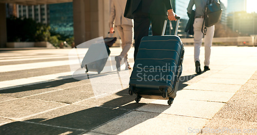 Image of Man, business and travel with work for corporate, professional and luggage for airport to plane. Formal, career and executives with luxury in first class and visa, itinerary and hotel reservation