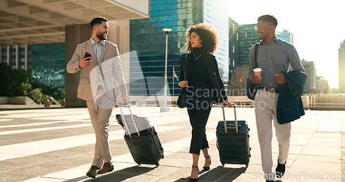 Image of Business people, team walking and travel with suitcase in city for corporate, job opportunity and networking. Professional woman and men talking at outdoor hotel or on the way to airport with luggage