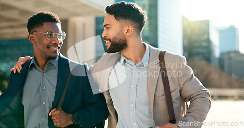 Image of Smile, talking and walking with business men in the city on their morning commute into work together. Collaboration, planning and ideas with employee partners chatting outdoor in an urban town