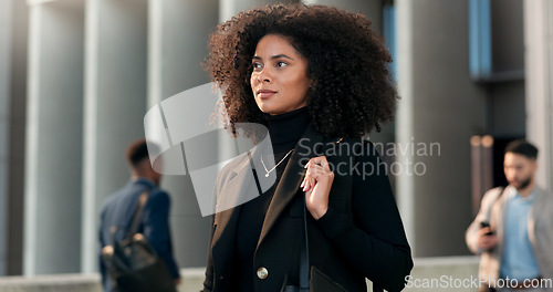 Image of City, walking and confident business woman on outdoor urban journey, commute trip and person leaving office building. Pride, movement and professional designer on morning travel to work in New York