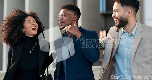 Image of Happy business people, team and walk in street, city or laugh with comic joke for attorney group. Men, woman or corporate law employees in funny chat, friends or outdoor in metro cbd, road or morning