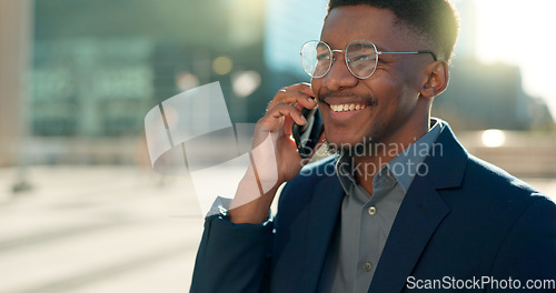 Image of Business deal, city or happy black man on a phone call talking, networking or speaking to chat. Mobile, communication or African male entrepreneur in conversation, discussion or negotiation outdoors