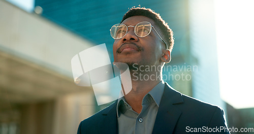 Image of Black man in business, thinking about future ideas and corporate employee outdoor, dream and inspiration. Insight, decision and brainstorming with goals, mind with travel or commute to work in city