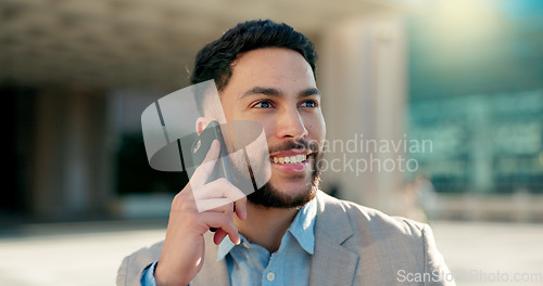 Image of Negotiation, city or happy businessman on a phone call talking, networking or speaking to chat. Mobile, communication or Arabic male entrepreneur in conversation, discussion or deal offer outdoors