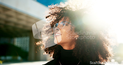 Image of Face, vision and wind with a business black woman in the city for growth, opportunity or inspiration. Thinking, street and smile with a happy young employee looking around an urban town for ideas