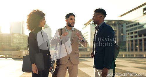 Image of Business people, handshake and team in street, talk and city with meeting, introduction and attorney group. Men, women or corporate law employees with shaking hands, friends or outdoor on road in cbd
