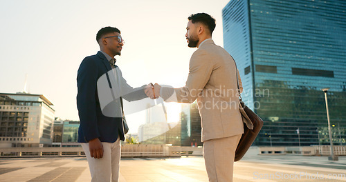 Image of Networking, walking or business people shaking hands in city for project agreement or b2b deal. Teamwork, outdoor handshake or men meeting for a negotiation, offer or partnership opportunity together