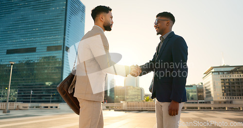 Image of Networking, walking or business people shaking hands in city for project agreement or b2b deal. Teamwork, outdoor handshake or men meeting for a negotiation, offer or partnership opportunity together