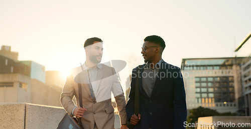 Image of City, men and walking with business people, hug and lens flare with professional, speaking and cooperation. Staff, outdoor and embrace with partnership, travel and conversation with support and ideas