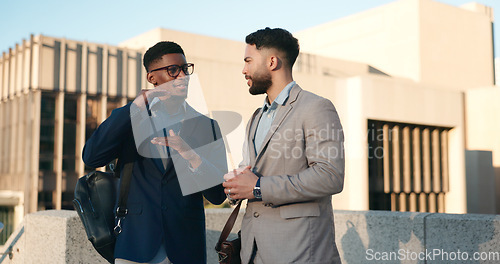 Image of Businessmen, rooftop and discuss business idea for profit increase, stock market and investment. Data analysts, conversation and corporate collaboration in city building, company and communication