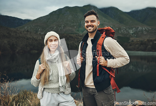 Image of People, hiking and portrait in nature with travel, mountain and backpacking with wilderness and explore outdoor. Couple camping, adventure and holiday with anniversary date, environment and trekking