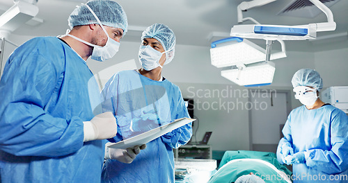 Image of Hospital, surgeon or patient for surgery, operating room or chart. Operation, medical or diagnosis for chart, explaining or nurse to help, healthcare, check or discussion for care, job or procedure