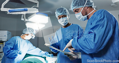 Image of Hospital, surgeon or patient for surgery, operating room or chart. Operation, medical or diagnosis for chart, explaining or nurse to help, healthcare, check or discussion for care, job or procedure