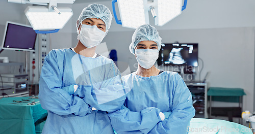 Image of Team, doctor and arms crossed with mask of professional in ICU for surgery, healthcare or procedure at hospital. Medical surgeon people in confidence, expert or teamwork for emergency care at clinic