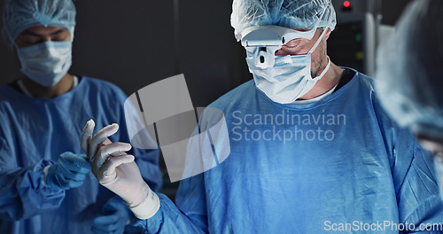 Image of Surgery, team of doctors and scissors in operation theater, hospital and clinic. Group, medical nurse and surgeon tools in emergency room for healthcare, treatment and people working to help in ICU