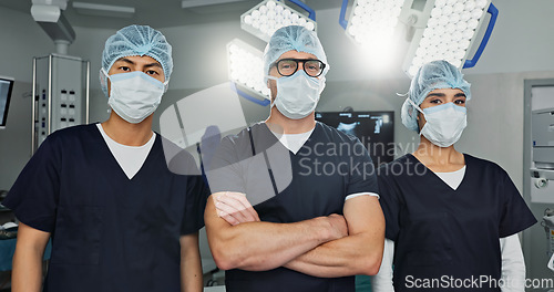 Image of Surgeon team, doctor and people in portrait, healthcare and confidence in operation theater for medical procedure. Surgery, health professional and help in hospital, expert in mask and collaboration
