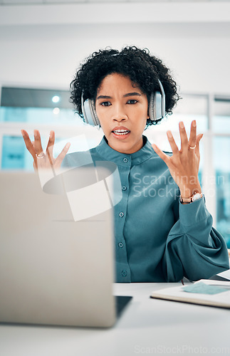 Image of Woman is confused, laptop and headphones, video conference for presentation, tech glitch and online meeting. Communication fail, 404 or error during virtual discussion, webinar and corporate training