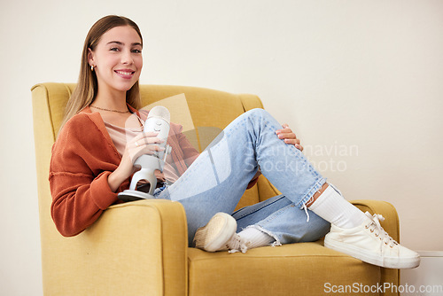 Image of Woman in portrait, mic and podcast, influencer and media with broadcast, platform and communication. Talk show, chat and live streaming with presenter or speaker, interview with wall background