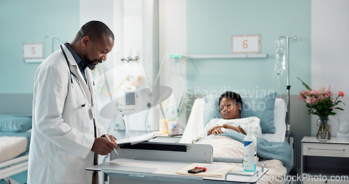 Image of Check, patient and doctor in hospital, clinic or healthcare with sick black woman healing or talking to expert. Health, insurance or surgeon consulting person in rehabilitation with checklist or help