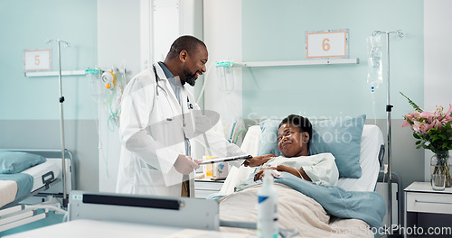 Image of Check, patient and doctor in hospital, clinic or healthcare with sick black woman healing or talking to expert. Health, insurance or surgeon consulting person in rehabilitation with checklist or care