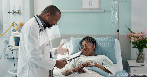 Image of Check, patient and doctor in hospital, clinic or healthcare with sick black woman healing or talking to expert. Health, insurance or surgeon consulting person in rehabilitation with checklist or care