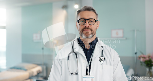 Image of Healthcare, doctor and man with arms crossed at hospital with smile for support, service and wellness. Medicine, professional and expert with glasses and pride for career, surgery, insurance and care