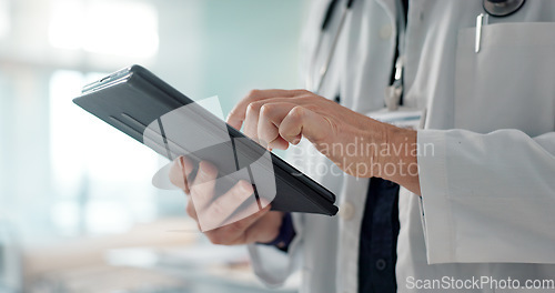 Image of Closeup, man and doctor with a tablet, healthcare or connection with online results, website info or internet. Person, employee or medical professional with tech, digital app or research with network
