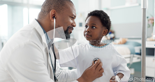 Image of Doctor, African kid and stethoscope for breathing, check or smile for recovery from surgery, treatment or health. Child patient, medic or tools for medical exam, inspection or talk for rehabilitation