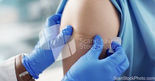 Image of Doctor, plaster and hands on patient arm for vaccine and healthcare and wellness by injection. Nurse, bandage and closeup of illness prevention, virus protection and immunization or medicine to help