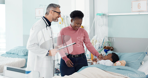 Image of Pediatrician, advice and mother with kid in hospital bed for check or healthcare consultation in clinic for health assessment. Medicine, kiss and mom love child with care, support and doctor