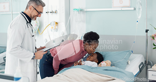 Image of Pediatrician, love and mother kiss child in hospital bed at check or healthcare consultation in clinic for health assessment. Medicine, service and mom with kid for care, support and doctor advice