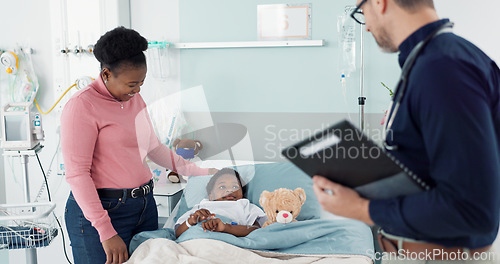 Image of Doctor, check and mother with child in hospital, bed or clinic with medical results, info or talking of healthcare. Sick, kid and conversation with patient pediatrician and help with checklist