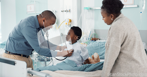 Image of Pediatrician, African and parent with child in hospital for check or healthcare consultation in clinic for health assessment. Medical, cardiology and mom love kid with support and doctor with advice