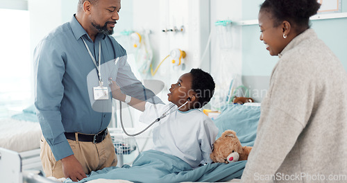 Image of Doctor, patient and stethoscope for breathing check, child and pretend or imagination in hospital. Happy black kid, play and cardiology and lungs test, healthcare and medicare for recovery and health