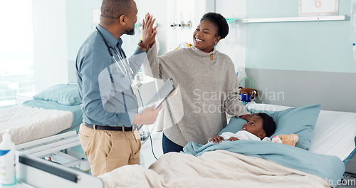 Image of Doctor, high five and child in hospital, bed or healing in clinic with results or celebration in surgery rehabilitation. Happy, kid and surgeon support patient, mother and success in healthcare