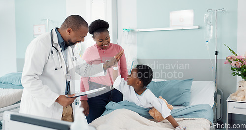 Image of High five, doctor and child in hospital, bed or healing in clinic with results or celebration in surgery rehabilitation. Happy, kid and surgeon support patient, mother and success in healthcare