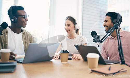 Image of Men, women and team with laptop, podcast or happy for chat, conversation or opinion on live stream. Group, microphone and headphones for web talk show, broadcast or thinking for collaboration at desk