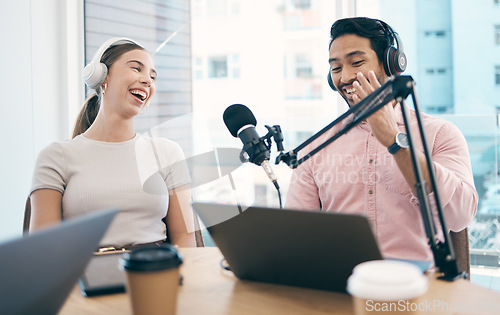 Image of Man, woman and radio with interview, conversation and live streaming with happiness, news or media broadcasting. People, presenters or coworkers with microphone, technology or discussion with podcast