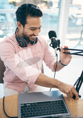 Image of Communication microphone, podcast speaker and happy man, content creator or presenter of talk show, broadcast or live stream. Radio network production, voice report and creative host fix mic stand