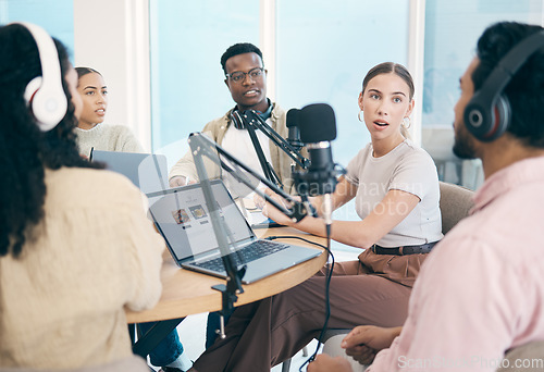 Image of Conversation, podcast speaker and group of people, team or presenter communication, streaming and hosting talk show. Radio multimedia production, diversity and influencer listening on media network