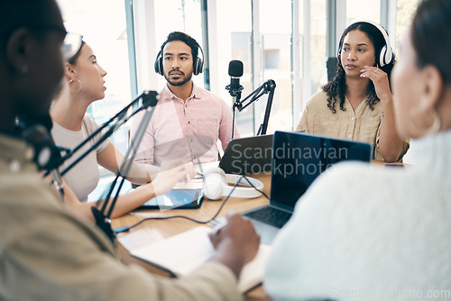 Image of Discussion, podcast speaker and group of people, team or circle of presenter consulting, speaking and chat on talk show. Radio, audio and influencer listening, attention or interview on media network