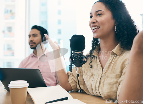 Image of Man, woman and radio with interview, live streaming and talk show with happiness, public relations and media broadcasting. Happy people, presenter and coworkers with microphone, discussion or podcast
