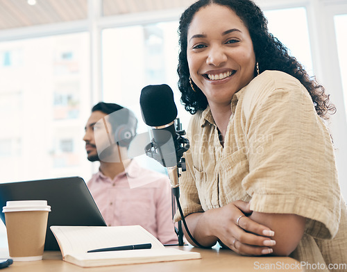 Image of Woman, microphone and radio with smile in portrait, media or press with journalist or DJ, notebook and content creation. Podcast, influencer and live stream with audio, talk show and communication