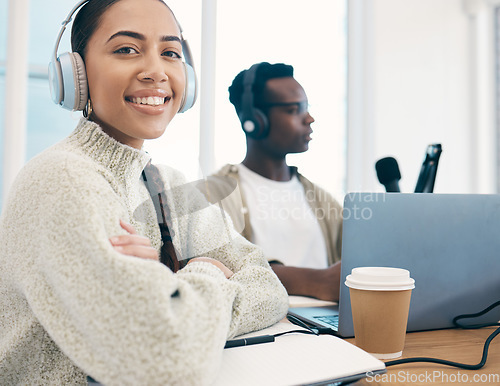 Image of Radio, podcast and portrait of woman in office for interview with people, headphones and microphone. Recording, audio broadcast and speaker hosting a group, discussion show and influencer business