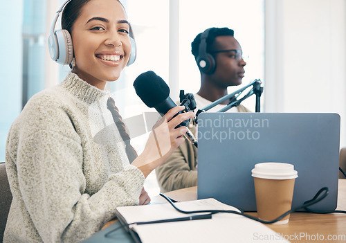 Image of Woman, microphone and headphone for radio in portrait, media or press with journalist or DJ, notebook and content creation. Podcast, influencer and live stream with audio, talk show and communication