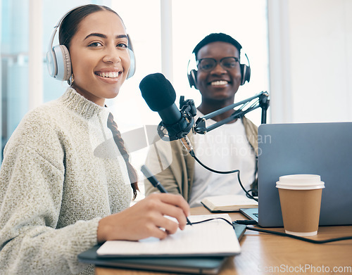 Image of Radio, portrait and people in office writing notes for advice, questions or feedback while live streaming. Speech, presenter and face of team with broadcast announcement, news or hosting talk show